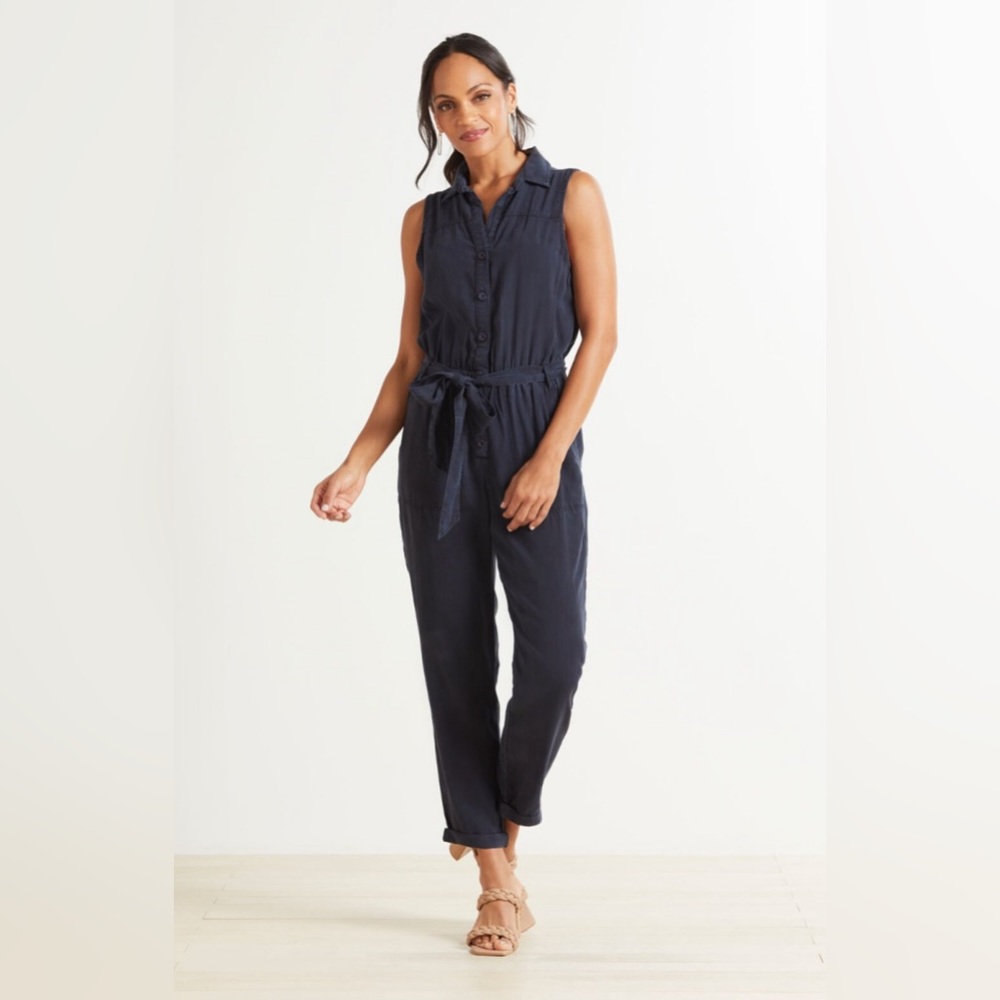 Cloth & Stone Sleeveless Button Up Jumpsuit 100% Tencel Belted Gorgeous Navy